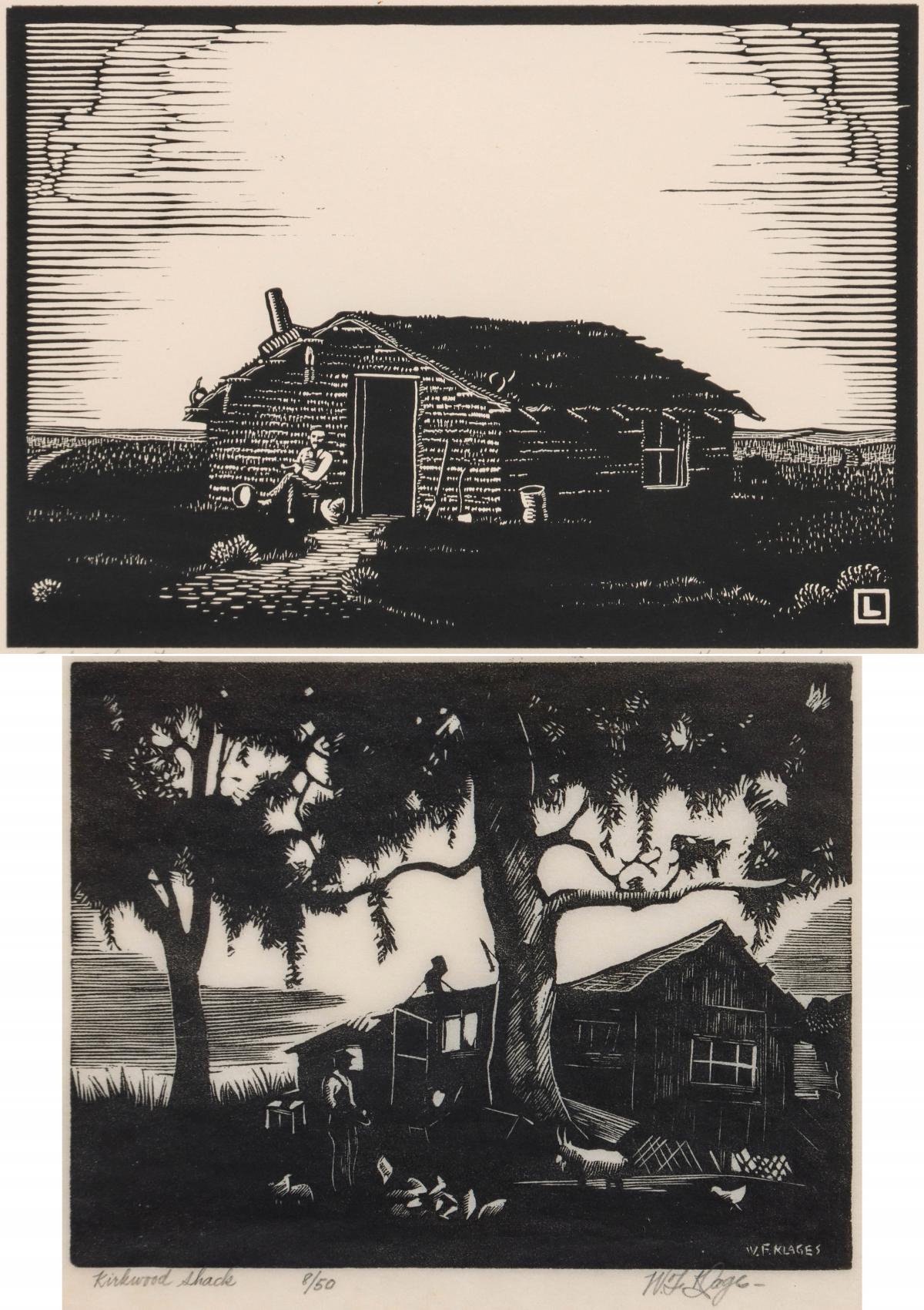 H. LOGAN AND W. KLAGES PENCIL SIGNED BLOCK PRINTS