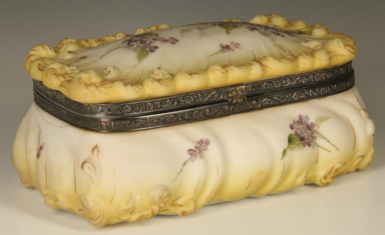 A LARGE PAIRPOINT PAINTED GLASS DRESSER BOX FOR GLOVES