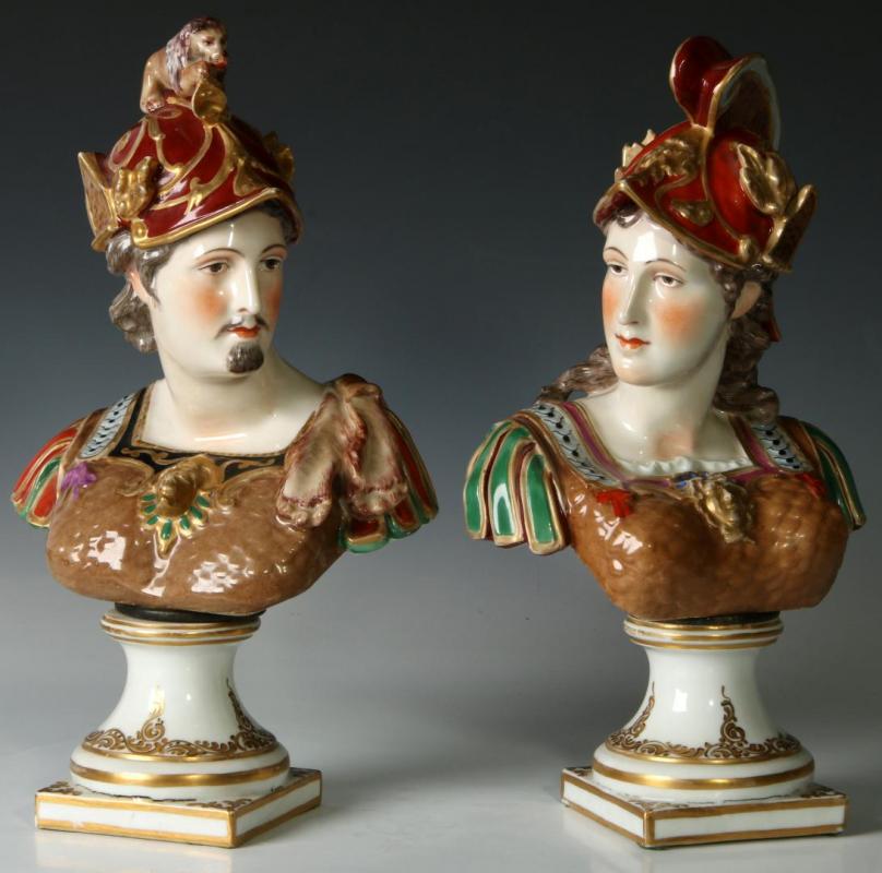 A PAIR 19TH C. CAPODIMONTE-TYPE PORCELAIN BOLTED BUSTS 