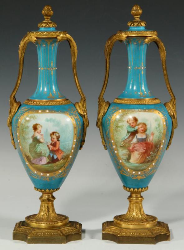 A PAIR 19C SEVRES-TYPE ORMOLU-MOUNTED PORCELAIN URNS