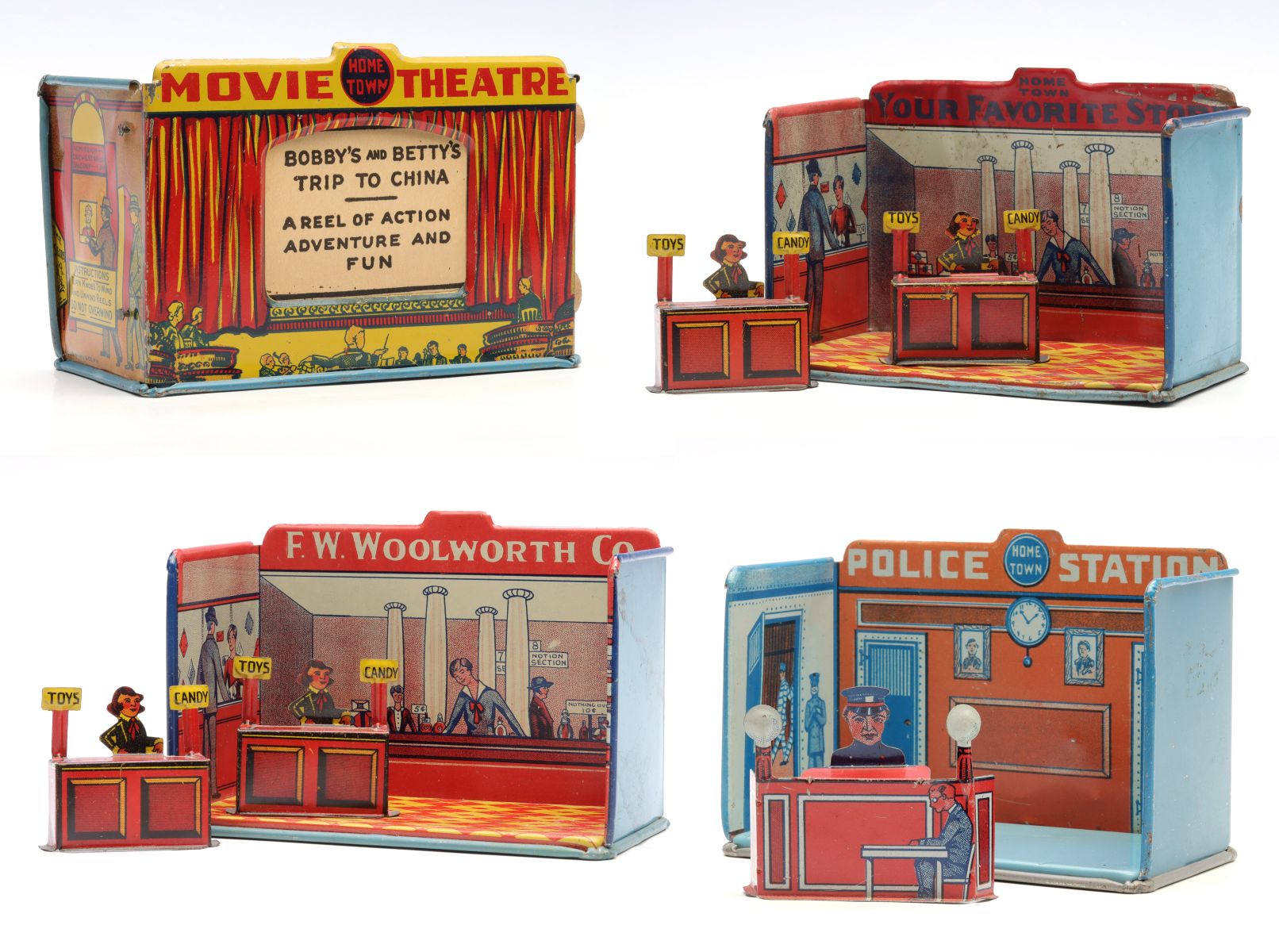 FOUR MARX TIN LITHO TOY 'PLAYSET' GROUPINGS CIRCA 1930