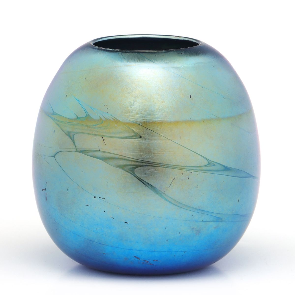 A BLUE IRIDESCENT ART GLASS VASE SIGNED DURAND