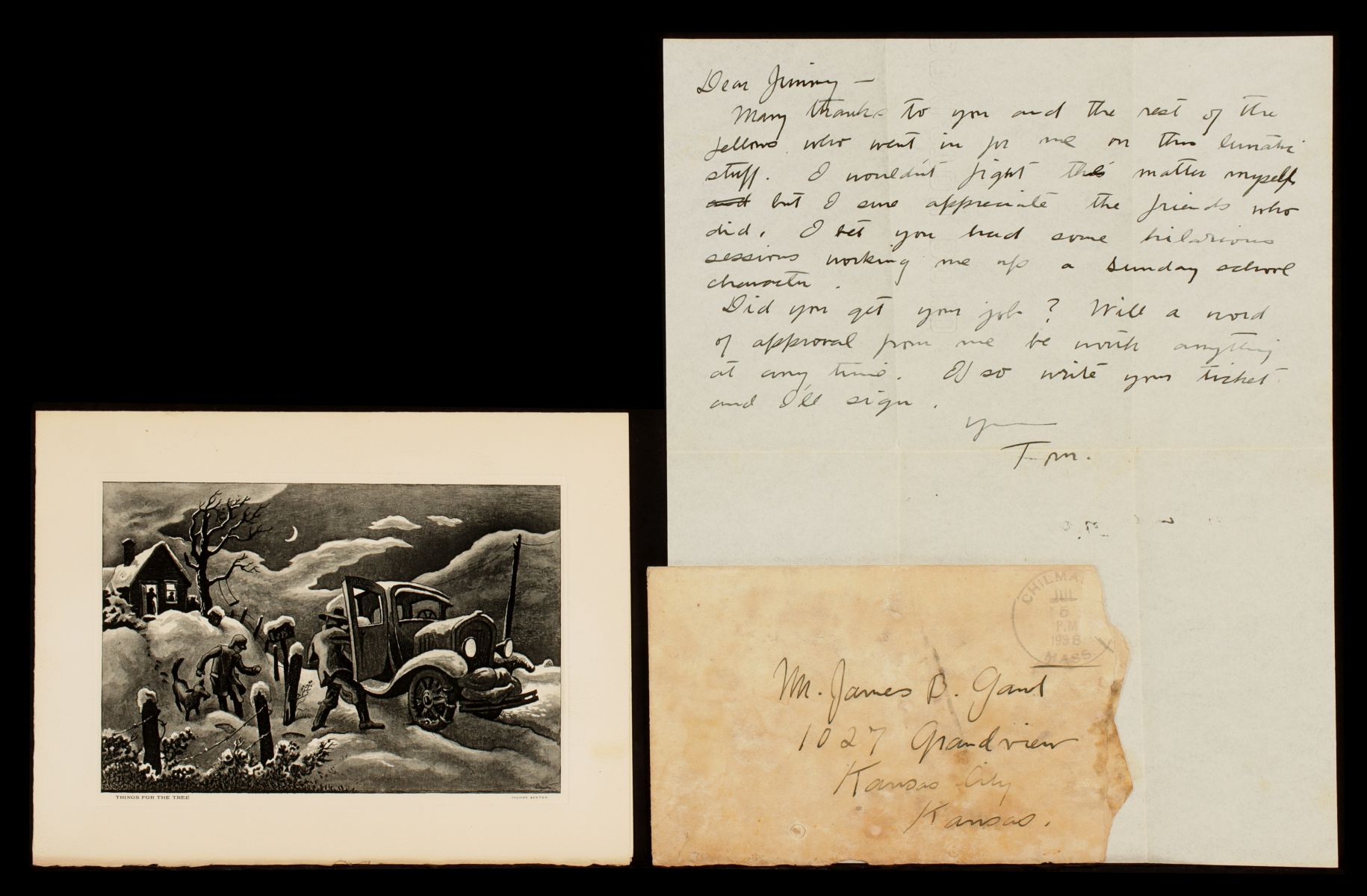 THOMAS BENTON CARD AND LETTER TO STUDENT JAMES B. GANTT