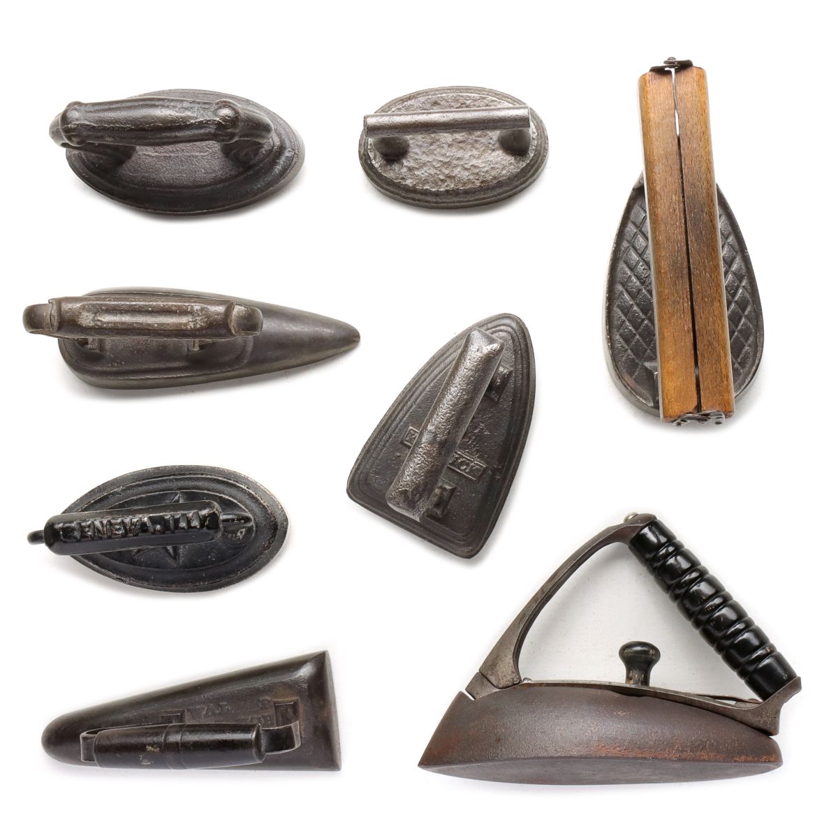 EIGHT ANTIQUE SPECIALTY AND SAD IRONS