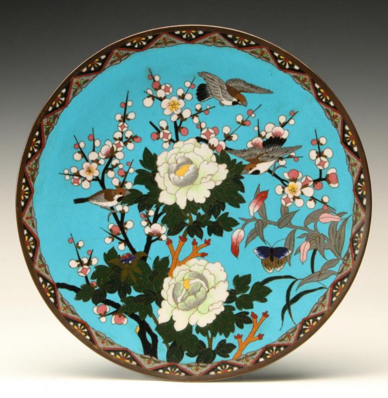 A MEIJI JAPANESE CLOISONNE PLAQUE WITH BIRDS