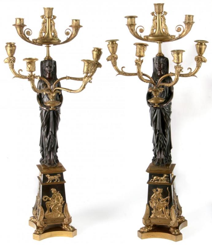 EGYPTIAN REVIVAL GILT AND PATINATED BRONZE CANDELABRA