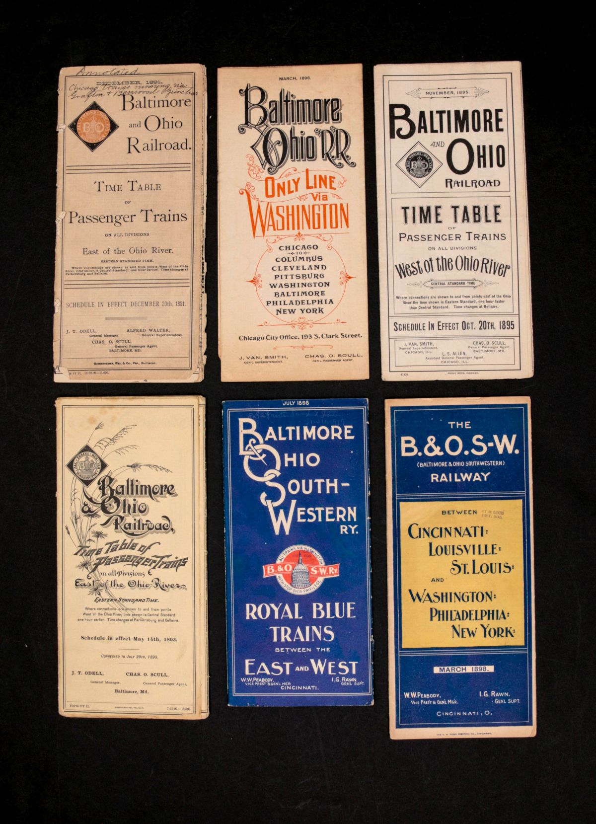 TEN 1890s B & O RAILROAD TIMETABLES