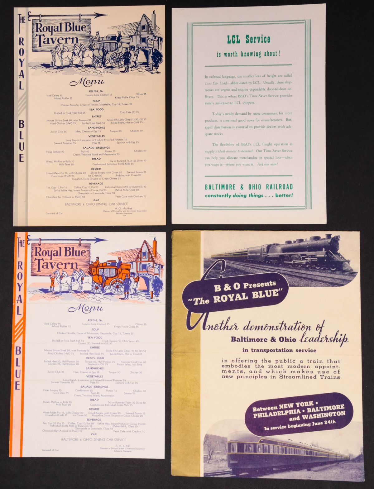 B & O RR MOTOR COACHES, MENUS, BLOTTERS, (34PCS)