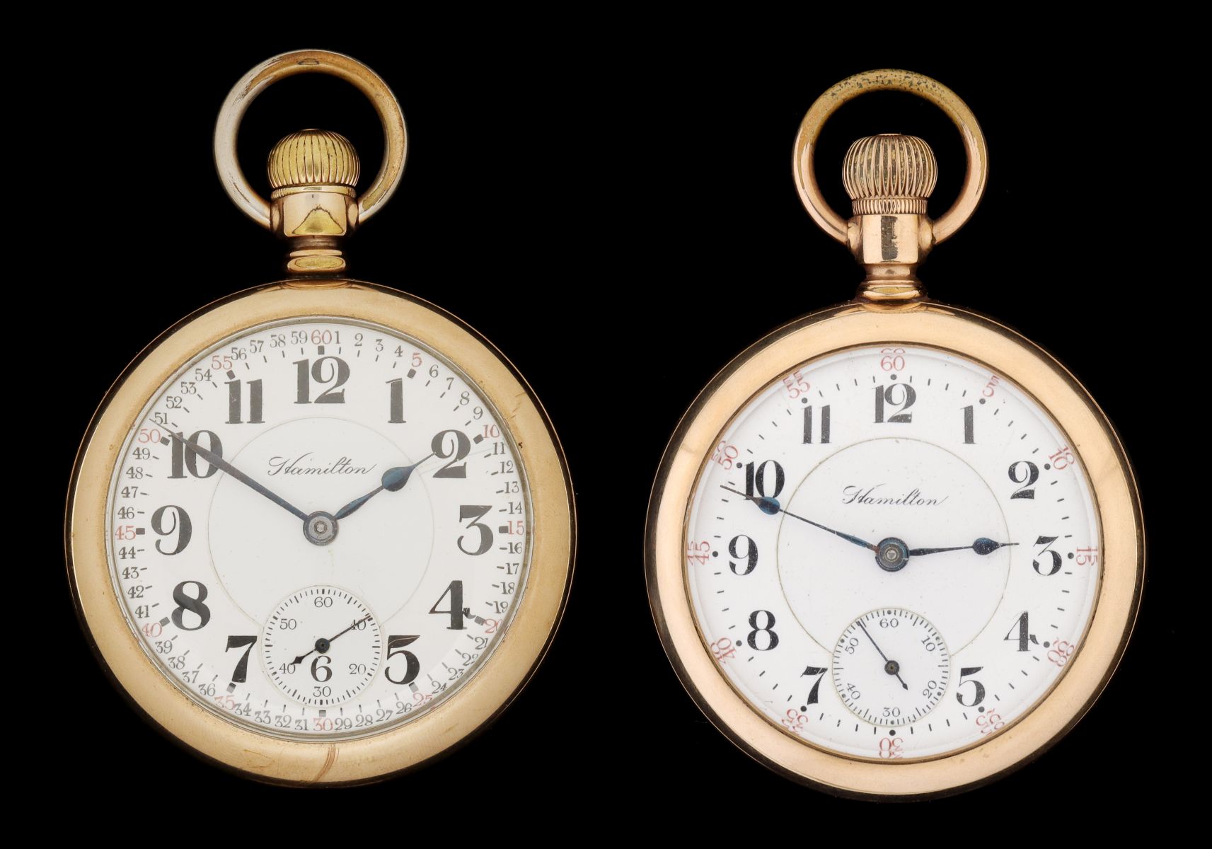 TWO HAMILTON MODEL 940 RR GRADE POCKET WATCHES