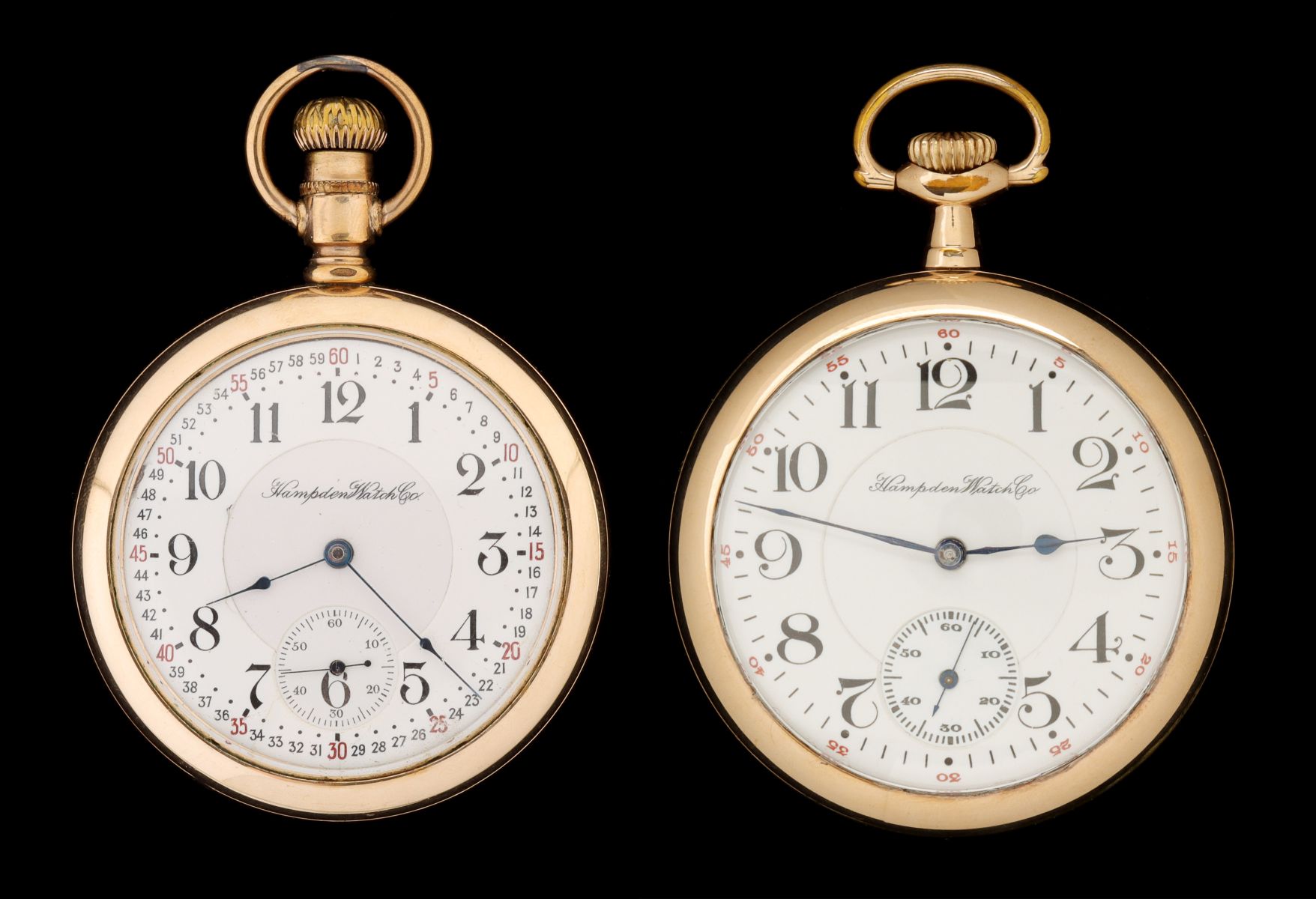 TWO HAMPDEN #105 RR GRADE POCKET WATCHES