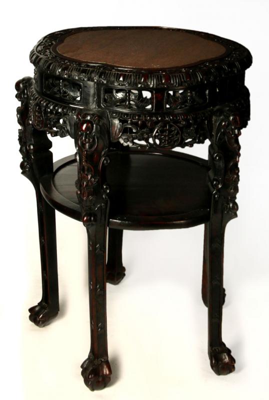 A 19TH C. CHINESE CARVED HARDWOOD AND MARBLE TABLE