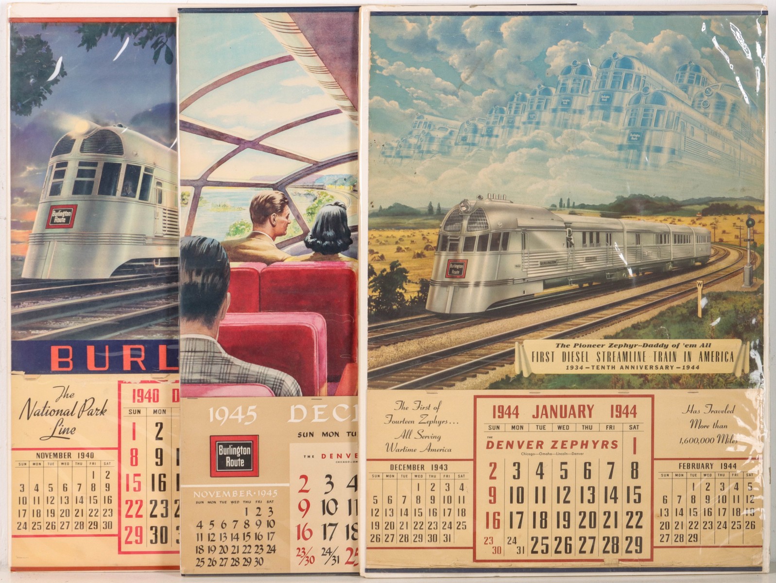 1940s BURLINGTON ROUTE CALENDARS WITH ZEPHYR