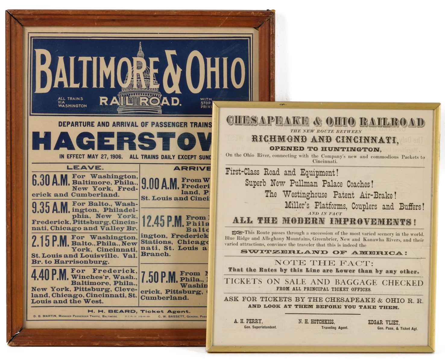 B&O PLACARD WITH 1870s CHESAPEAKE & OHIO RR ADVTG