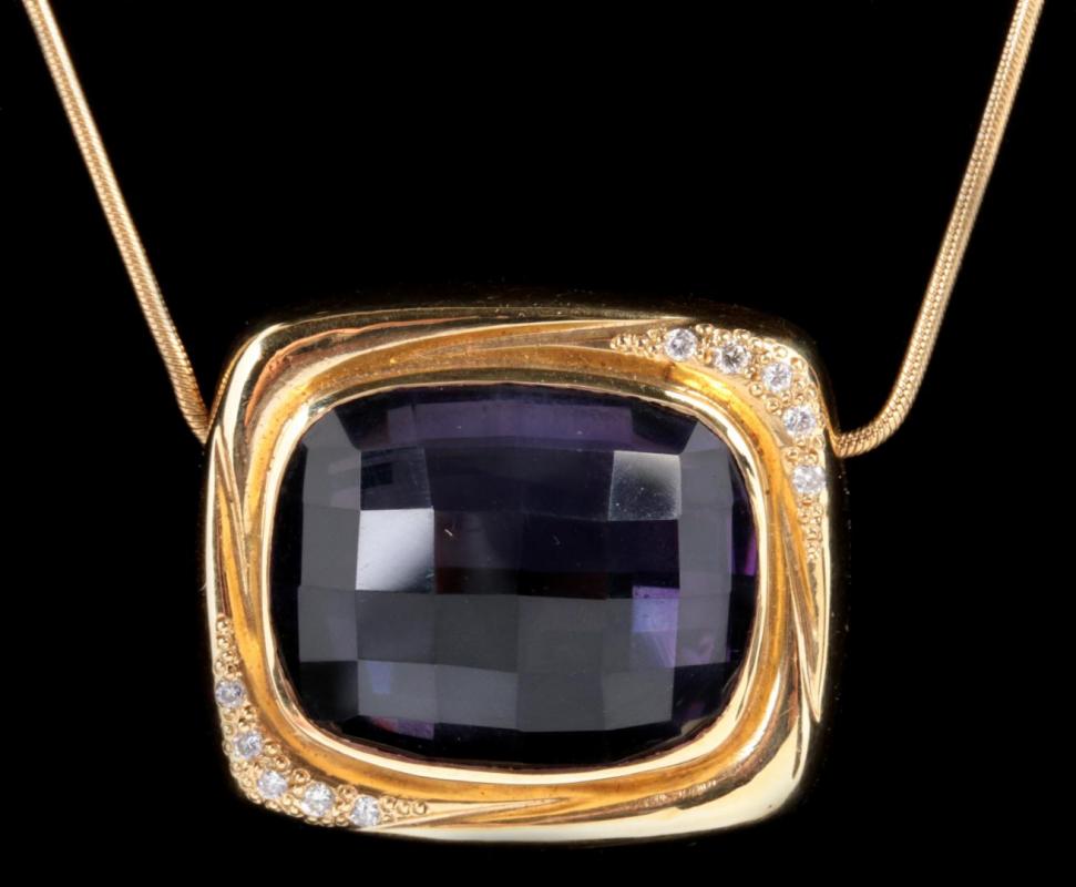 A 14K CHECKERBOARD AMETHYST PENDANT WITH DIAMONDS