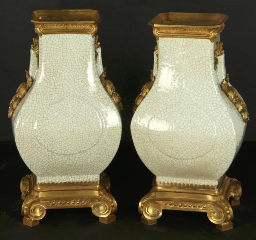 PAIR CHINESE CELADON GLAZE HU FORM VASES WITH ORMOLU