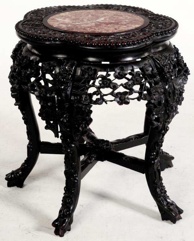 A 19TH C. CHINESE ROSEWOOD AND MARBLE CENTER TABLE