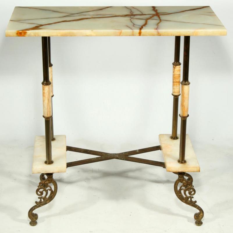 A TWO-TIER ORMOLU AND ONYX GARDEN TABLE