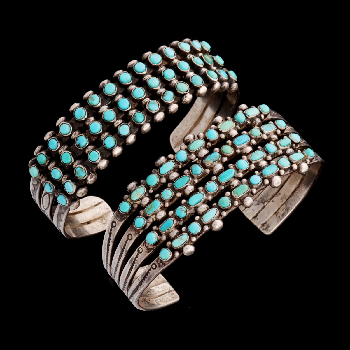 TWO ZUNI PETIT POINT TURQUOISE BRACELETS