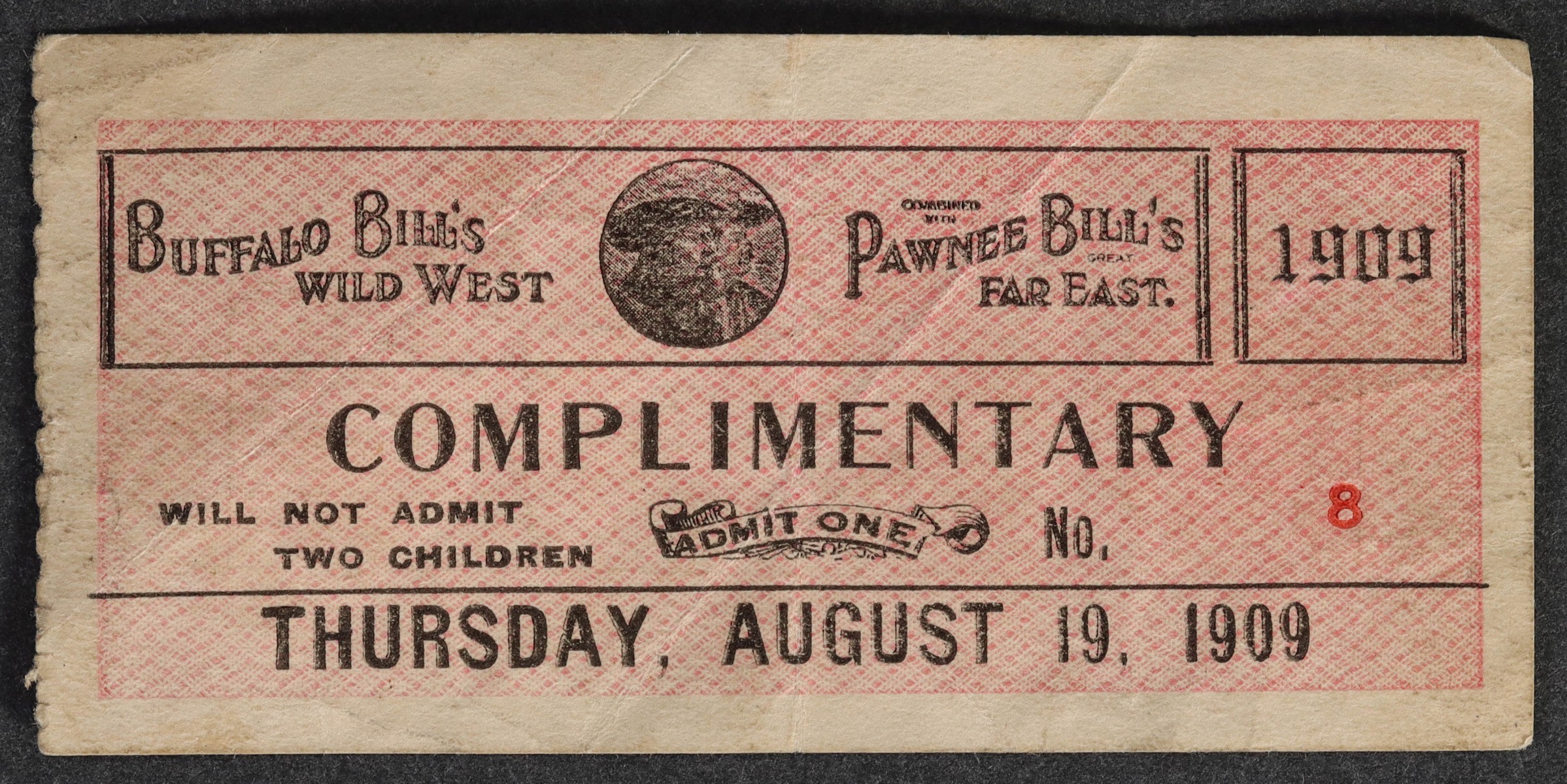 A 1909 BUFFALO BILL & PAWNEE BILL COMBINED SHOWS TICKET