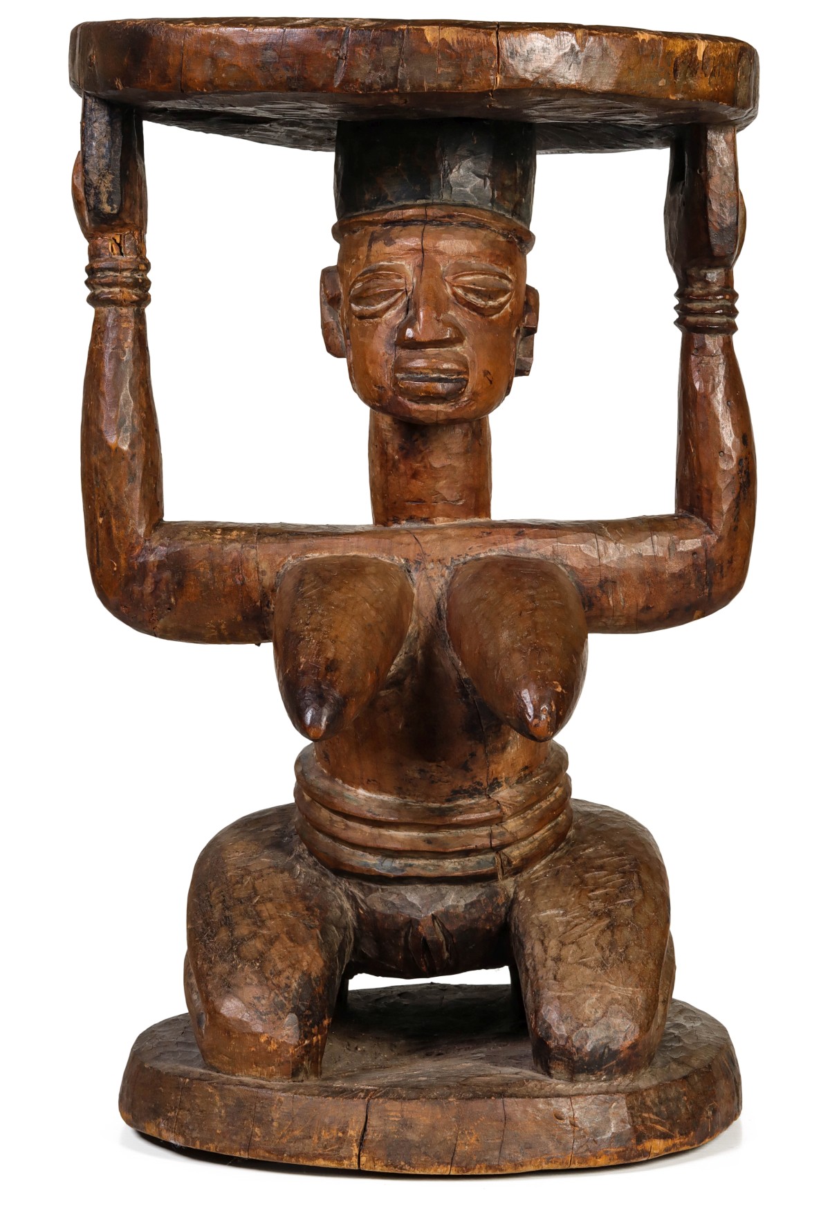 A LUBA CARVED WOOD CARYATID FIGURAL PRESTIGE STOOL