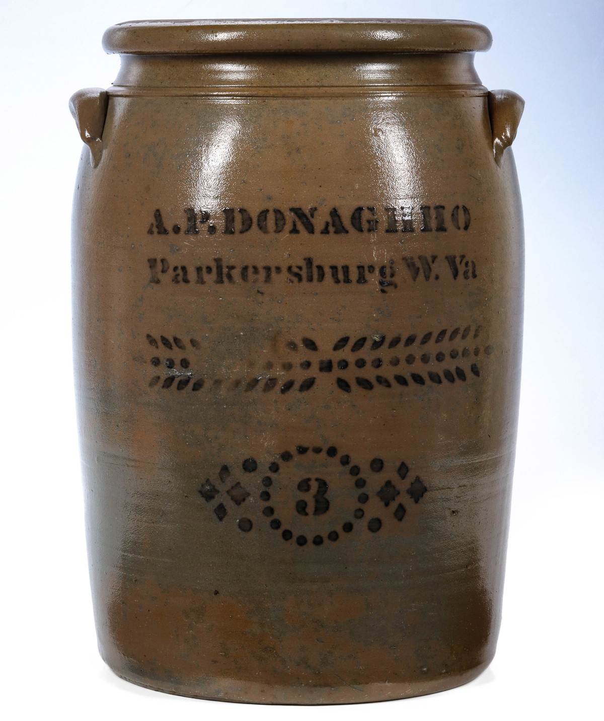 A.P. DONAGHHO FANCY BLUE DECORATED STORAGE CROCK