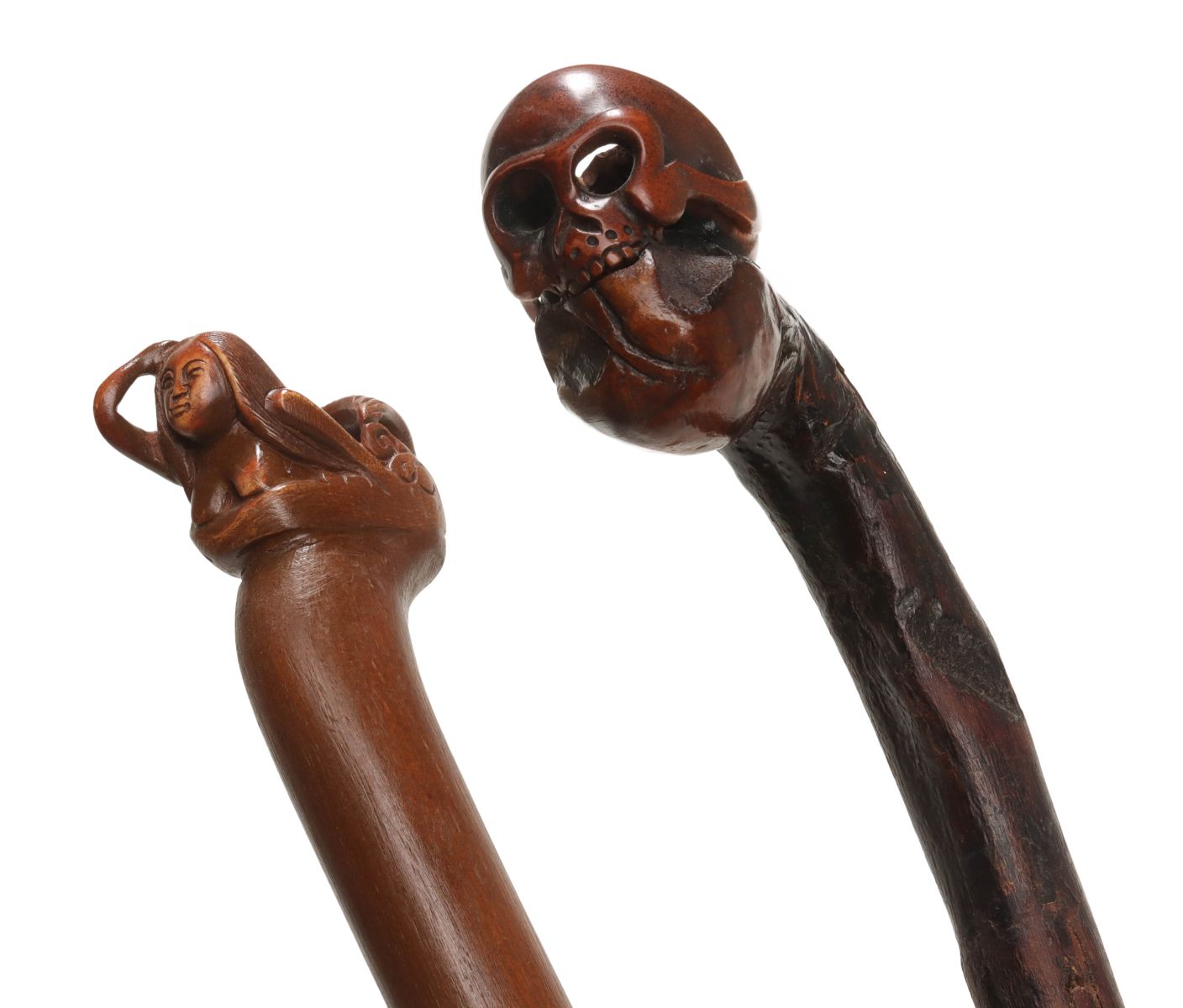 CARVED TEAK AND BLACKTHORN SKULL WALKING STICKS