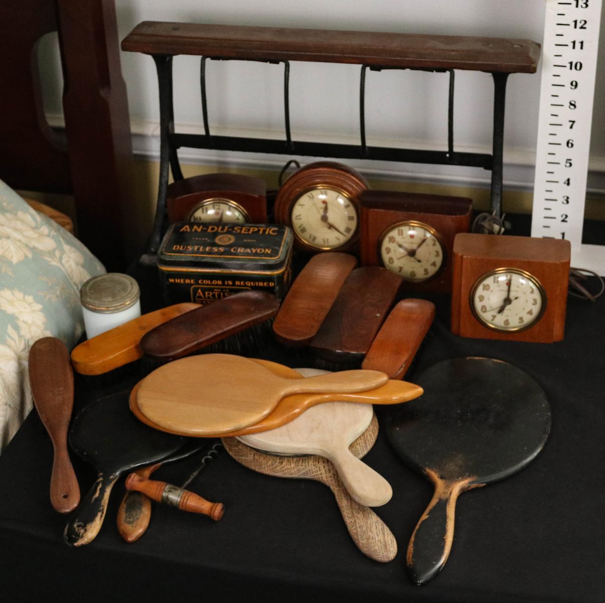 VINTAGE CLOCKS, HAND MIRRORS, CLOTHING BRUSHES