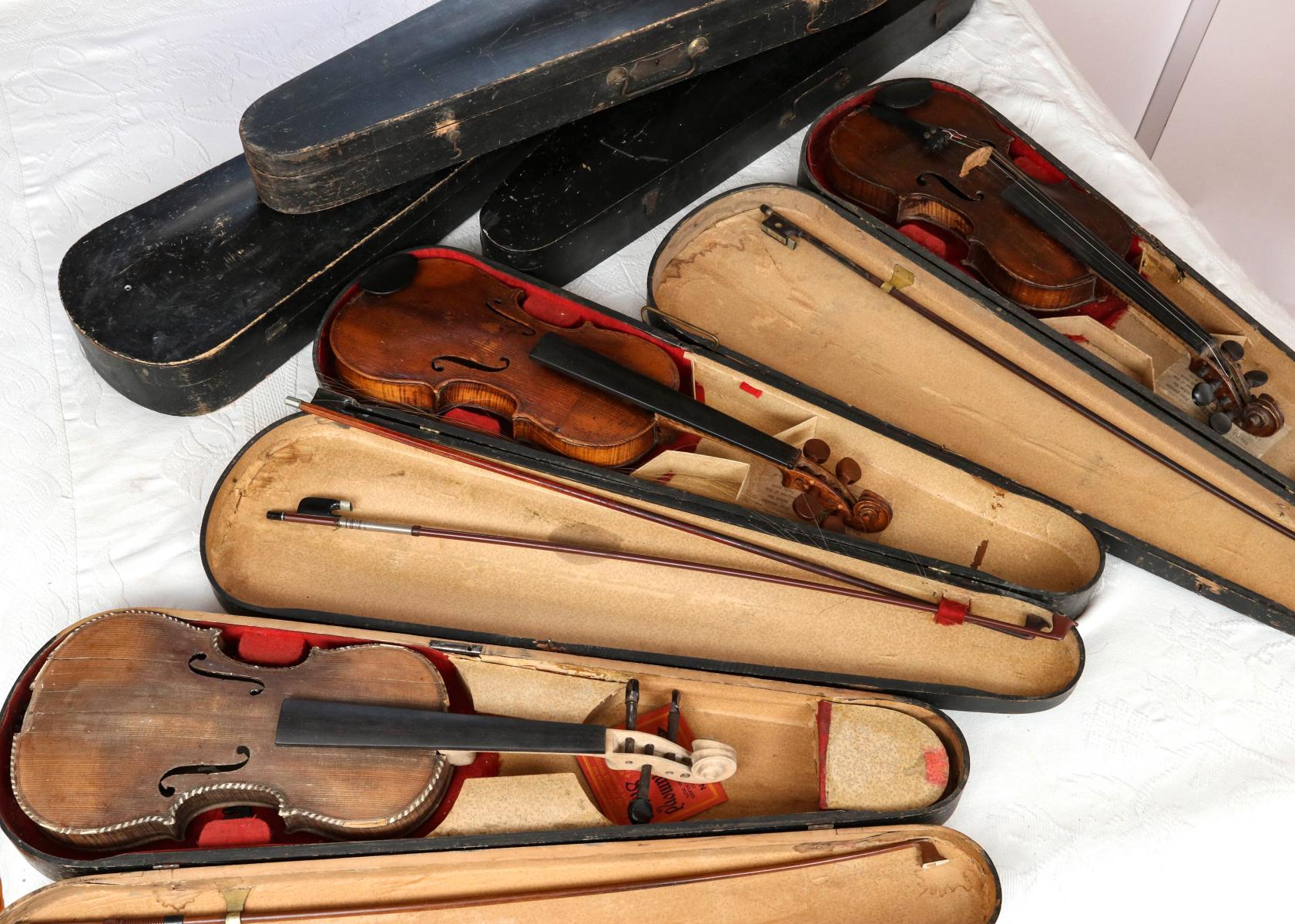 THREE ANTIQUE VIOLINS, SIX WOOD VIOLIN CASES