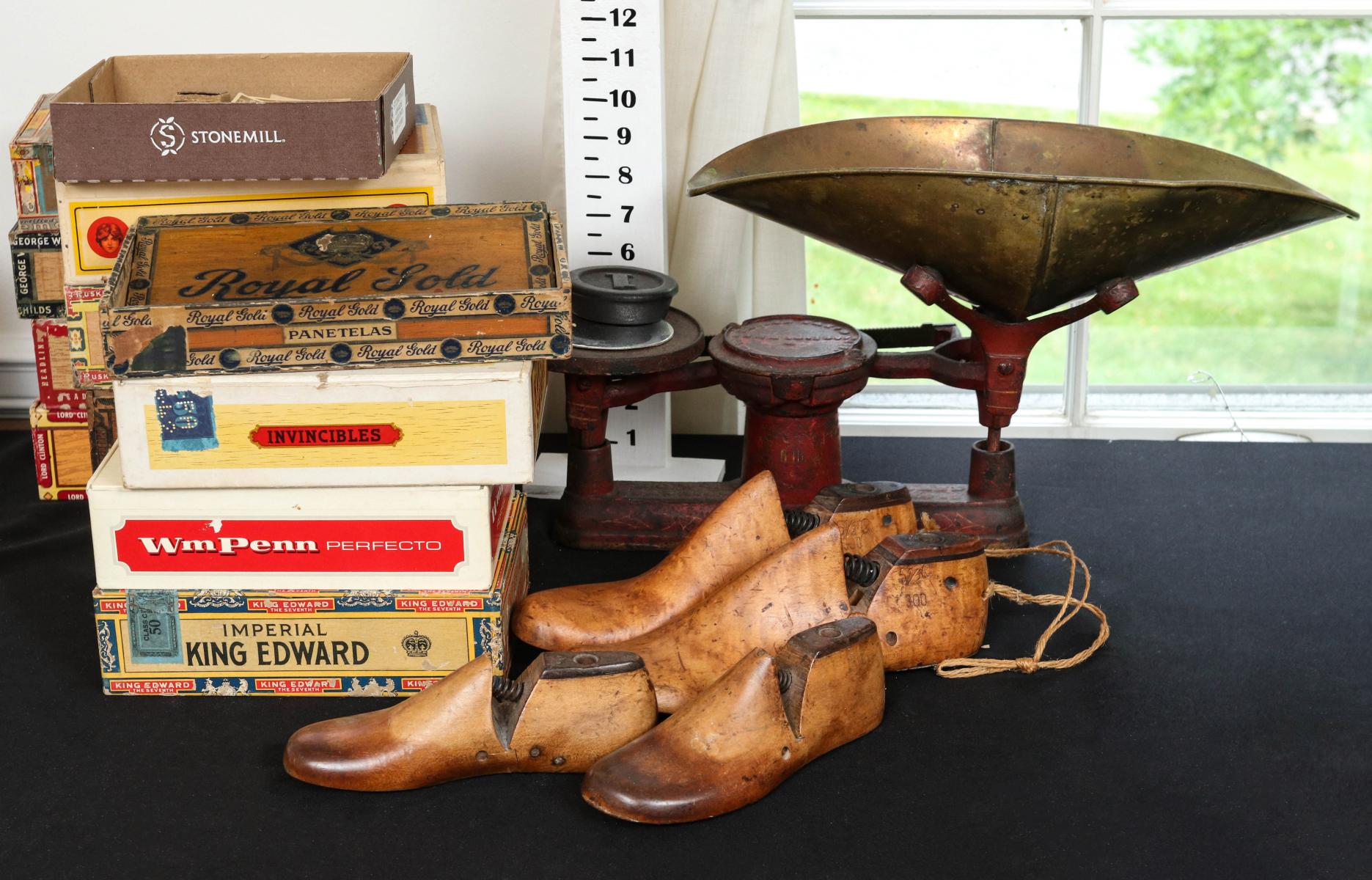 ANTIQUE SHOE LASTS, CIGAR BOXES, ANTIQUE SCALE