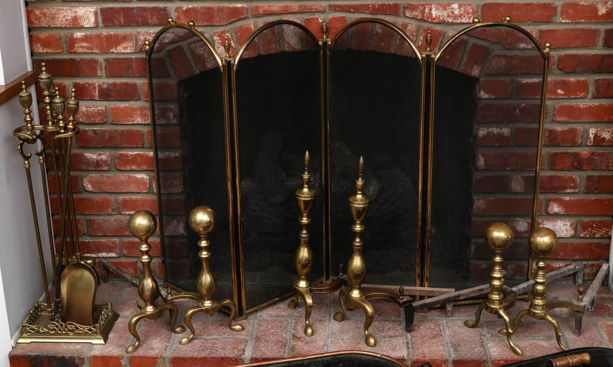 BRASS ANDIRONS (3PR), FIREPLACE TOOLS, FIRE SCREEN