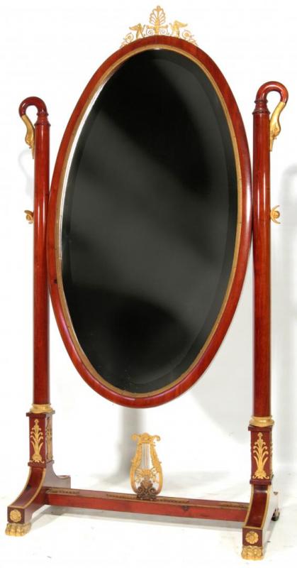 AN EMPIRE STYLE BRONZE MOUNTED MAHOGANY PSYCHE MIRROR