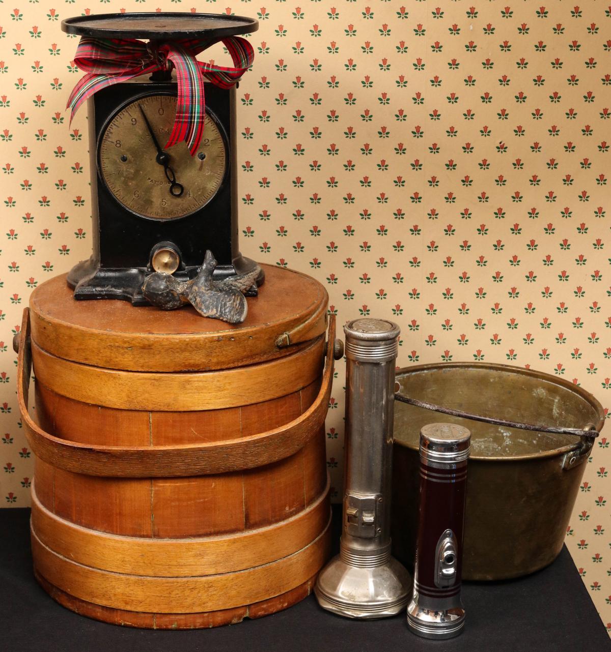 ANTIQUE SCALES, FIRKIN, BRASS KETTLE, MORE