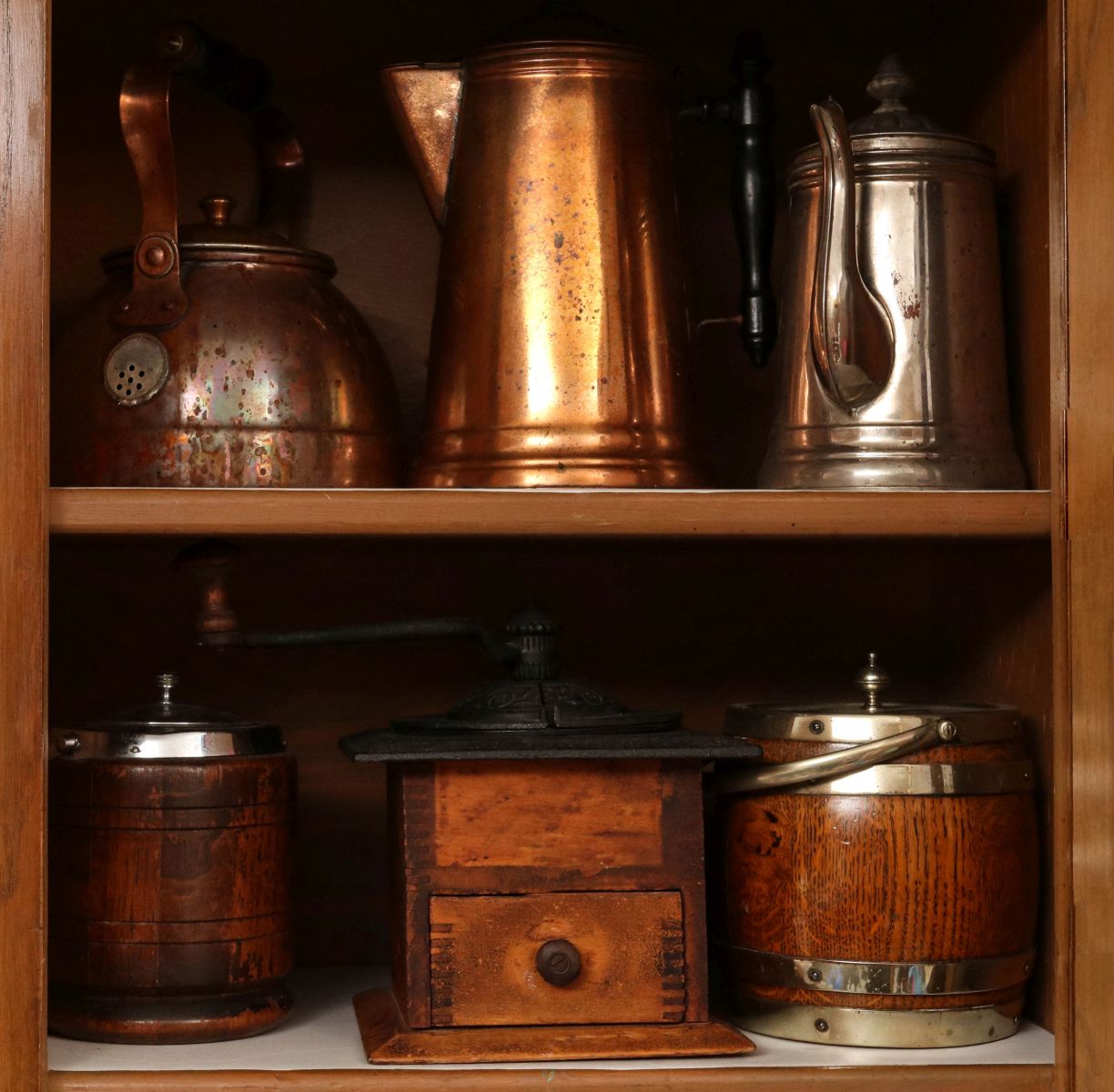 ANTIQUE COFFEE GRINDER, POTS, BISCUIT BARRELS