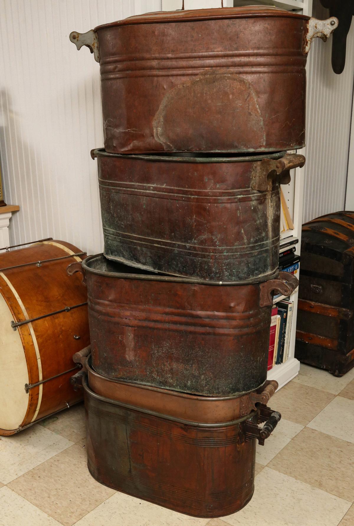 FOUR ANTIQUE COPPER BOILERS