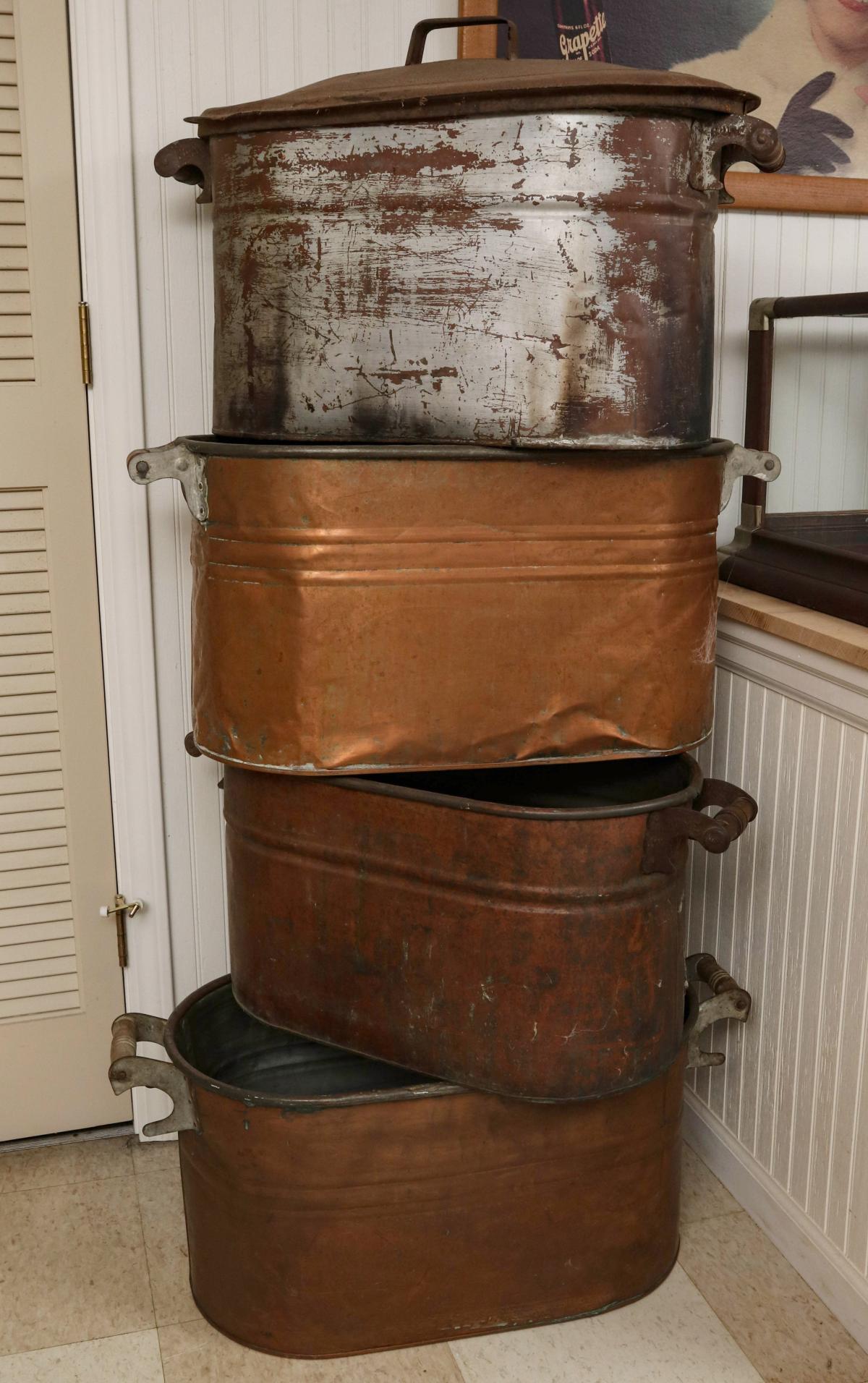 FOUR ANTIQUE COPPER BOILERS