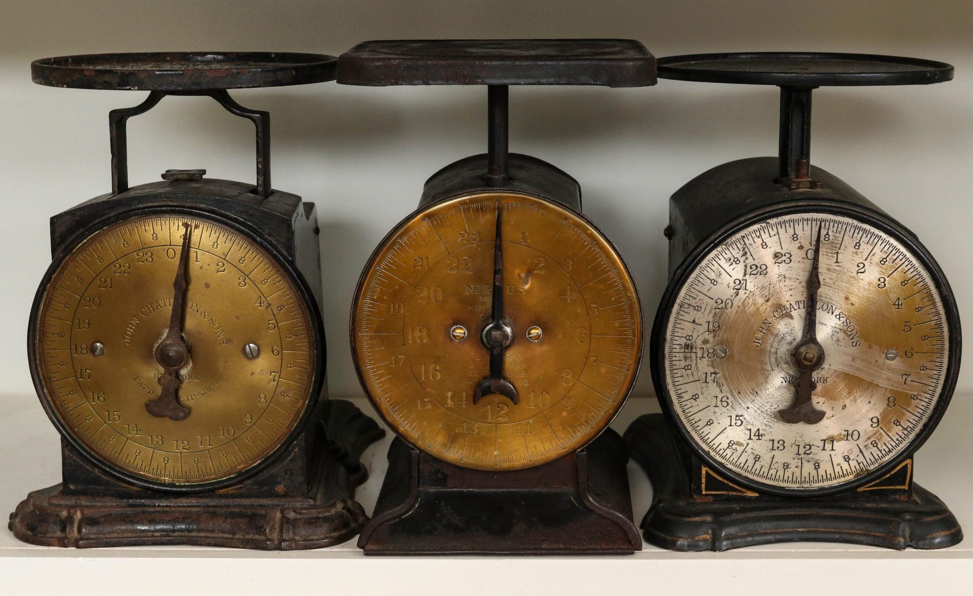 THREE ANTIQUE BRASS DIAL KITCHEN SCALES