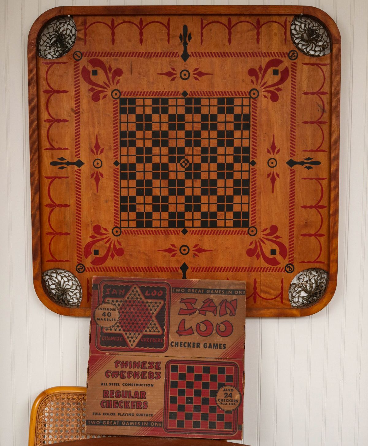 VINTAGE CARROM BOARD AND CHINESE CHECKERS IN BOX