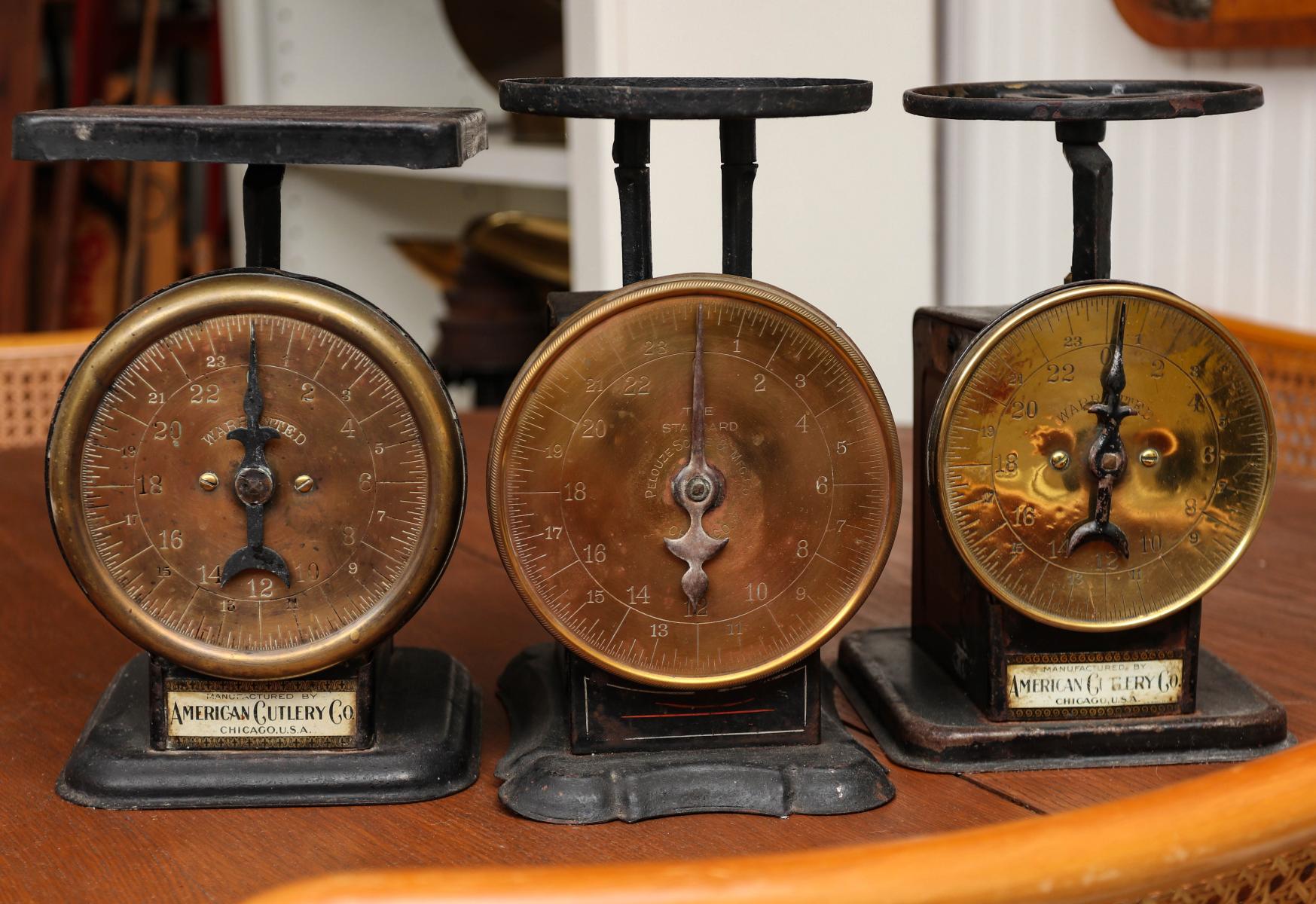 THREE ANTIQUE BRASS DIAL KITCHEN SCALES