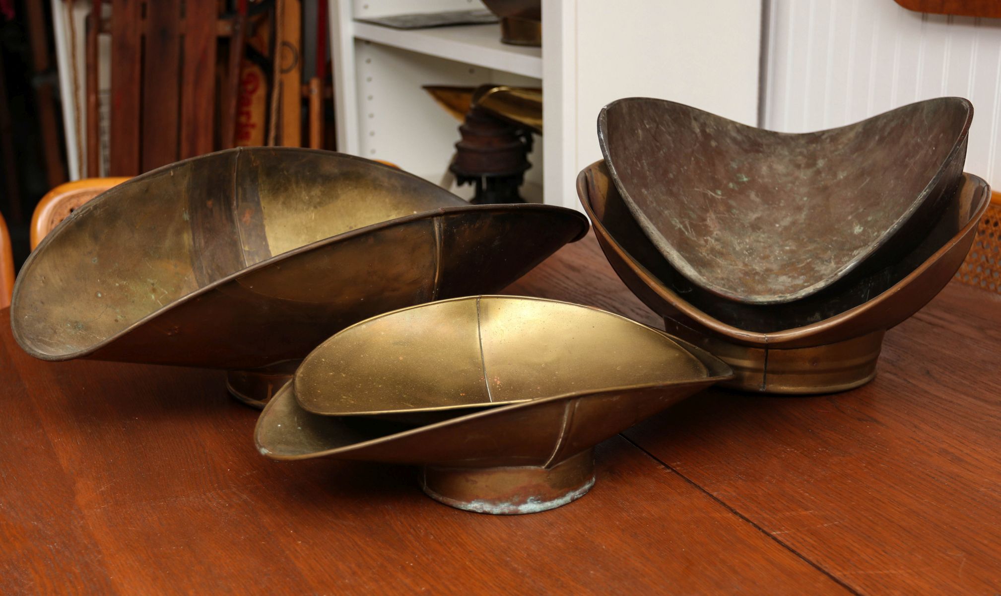 FIVE DIFFERENT ANTIQUE BRASS SCALE PANS