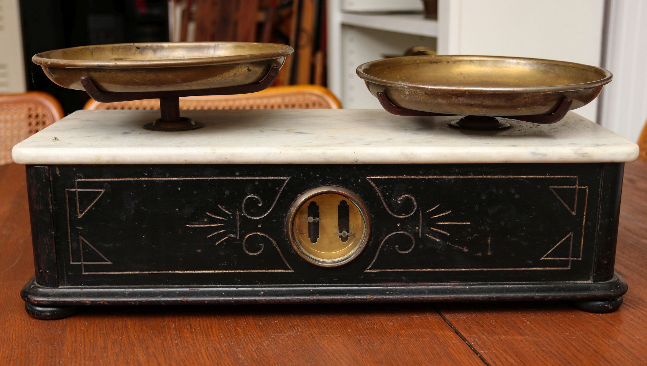 A SET OF 19TH CENTURY MARBLE TOP APOTHECARY SCALES