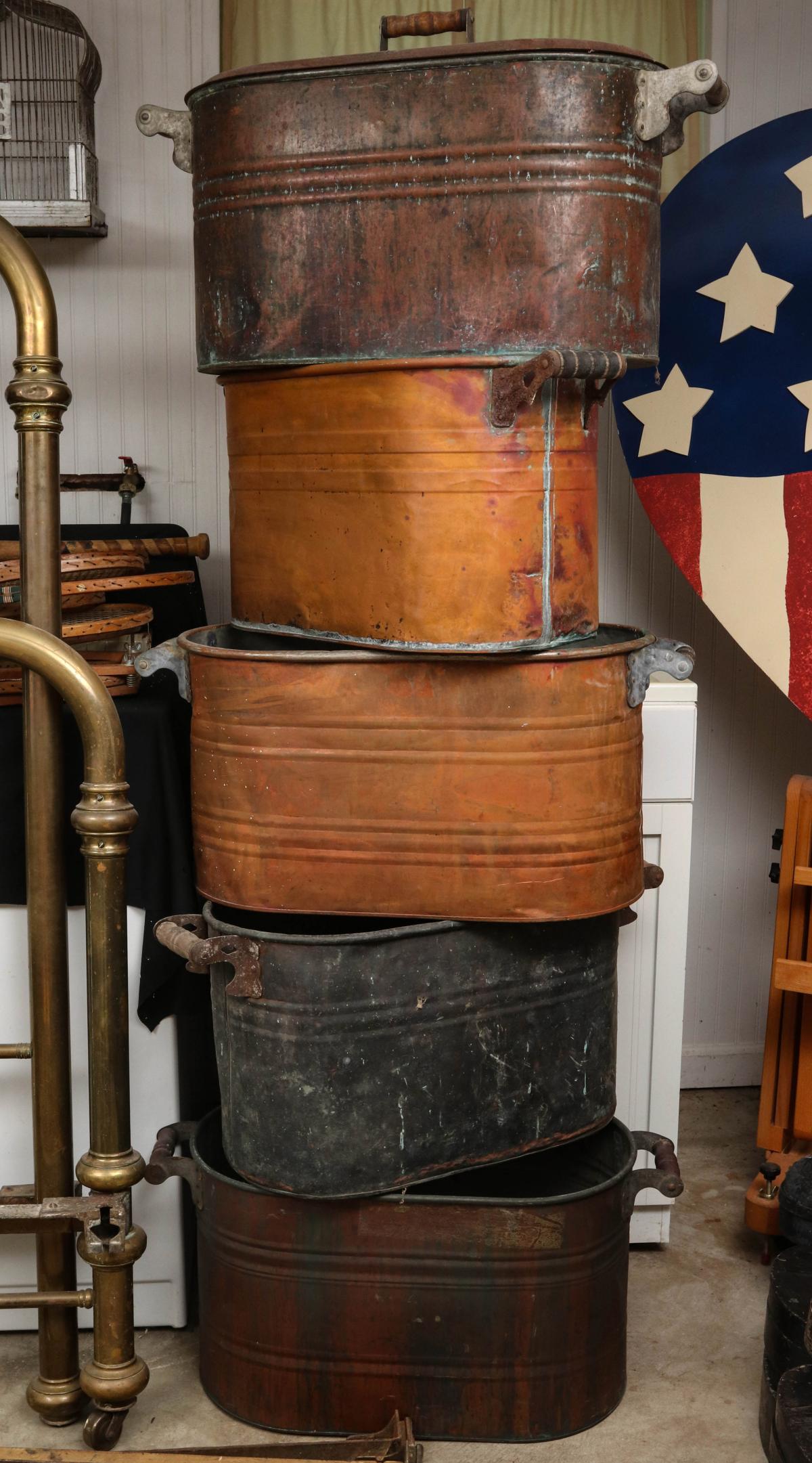 FIVE ANTIQUE COPPER BOILERS