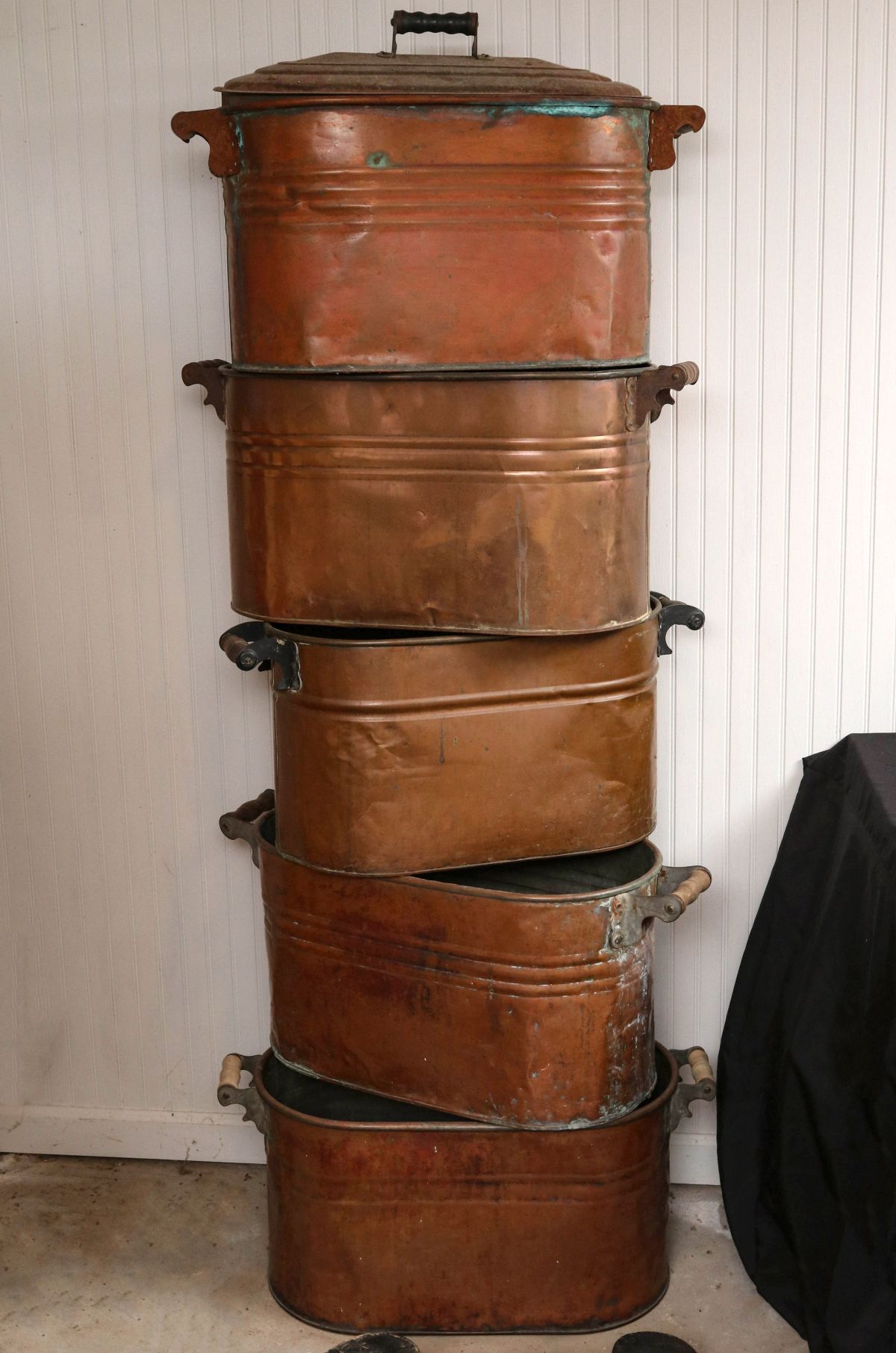 FIVE ANTIQUE COPPER BOILERS