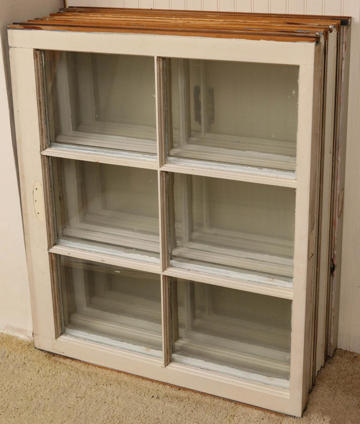 SIX OLD DOUBLE HUNG WINDOWS WITH WOOD DIVIDERS