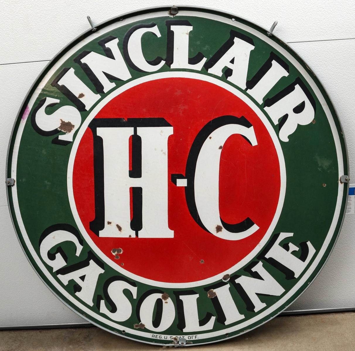 A SINCLAIR HC GASOLINE DOUBLE-SIDED PORCELAIN SIGN