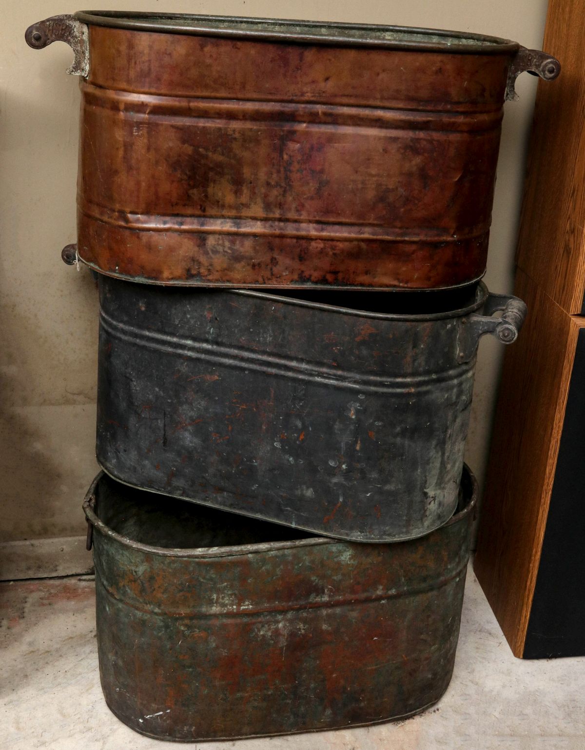 THREE ANTIQUE COPPER BOILERS