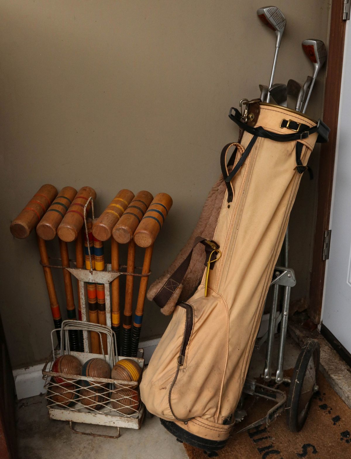 A NICE VINTAGE CROQUET SET, PLUS GOLF CLUBS