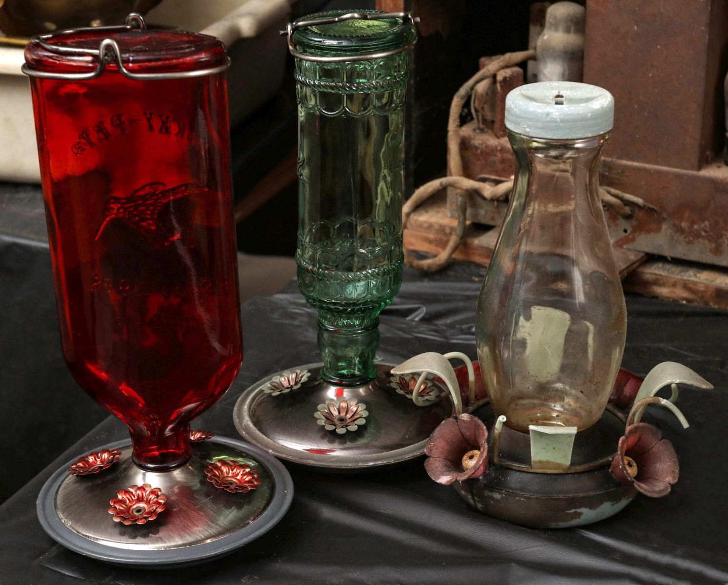 THREE GLASS HUMMINGBIRD FEEDERS