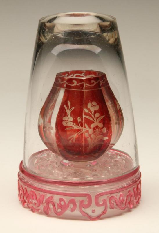 A VERY RARE OPIUM LAMP WITH RED PEKING GLASS BASE