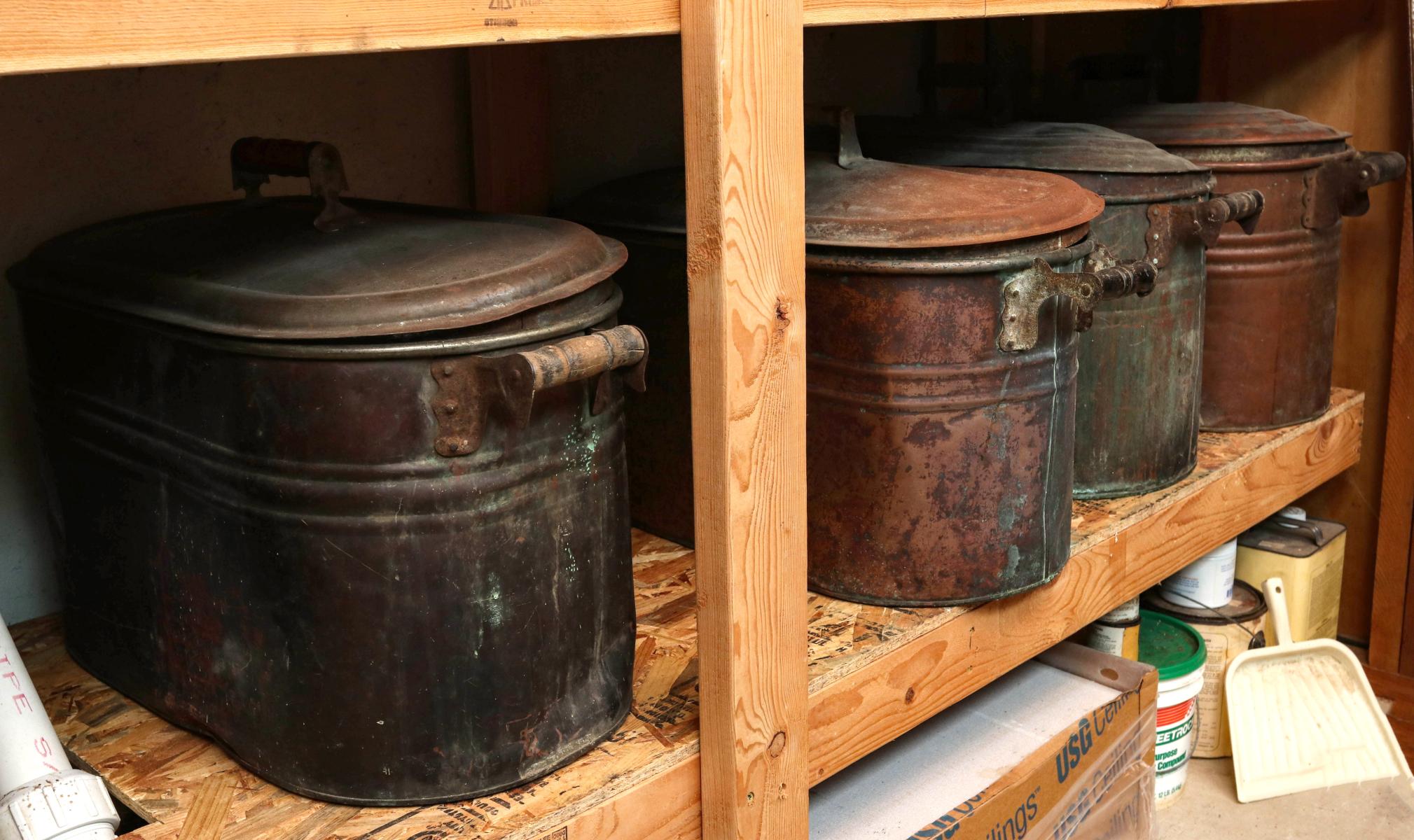 FOUR ANTIQUE COPPER BOILERS