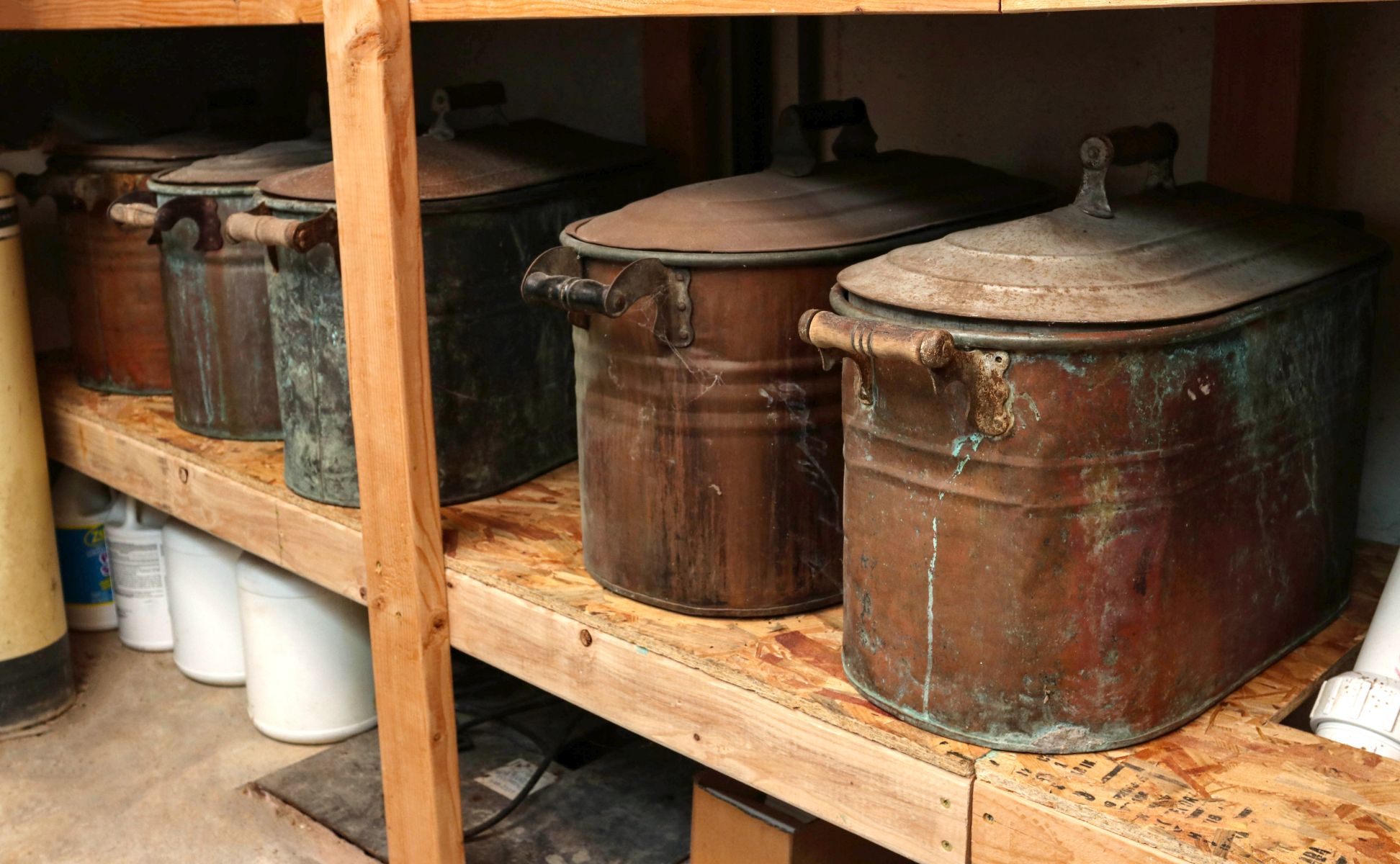 FIVE ANTIQUE COPPER BOILERS